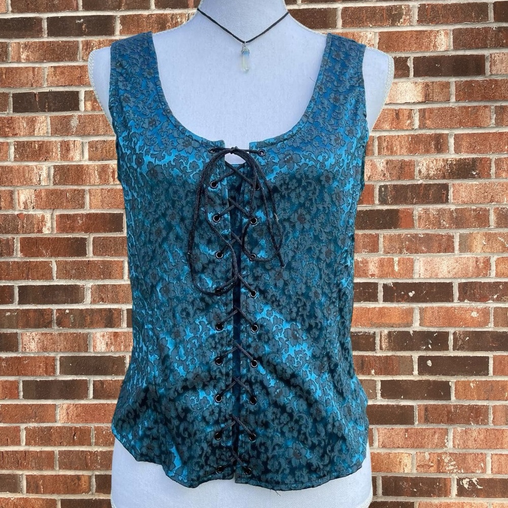 Vintage Large Frederick’s of Hollywood Blue Floral Regency Victorian Corset Top